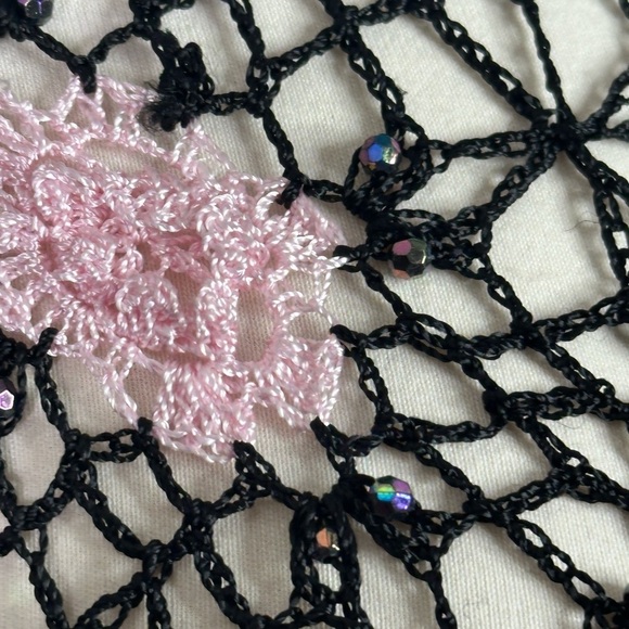 Black Boho Crochet Floral Aurora Borealis Crystal Accent Fringed Poncho - Picture 7 of 7